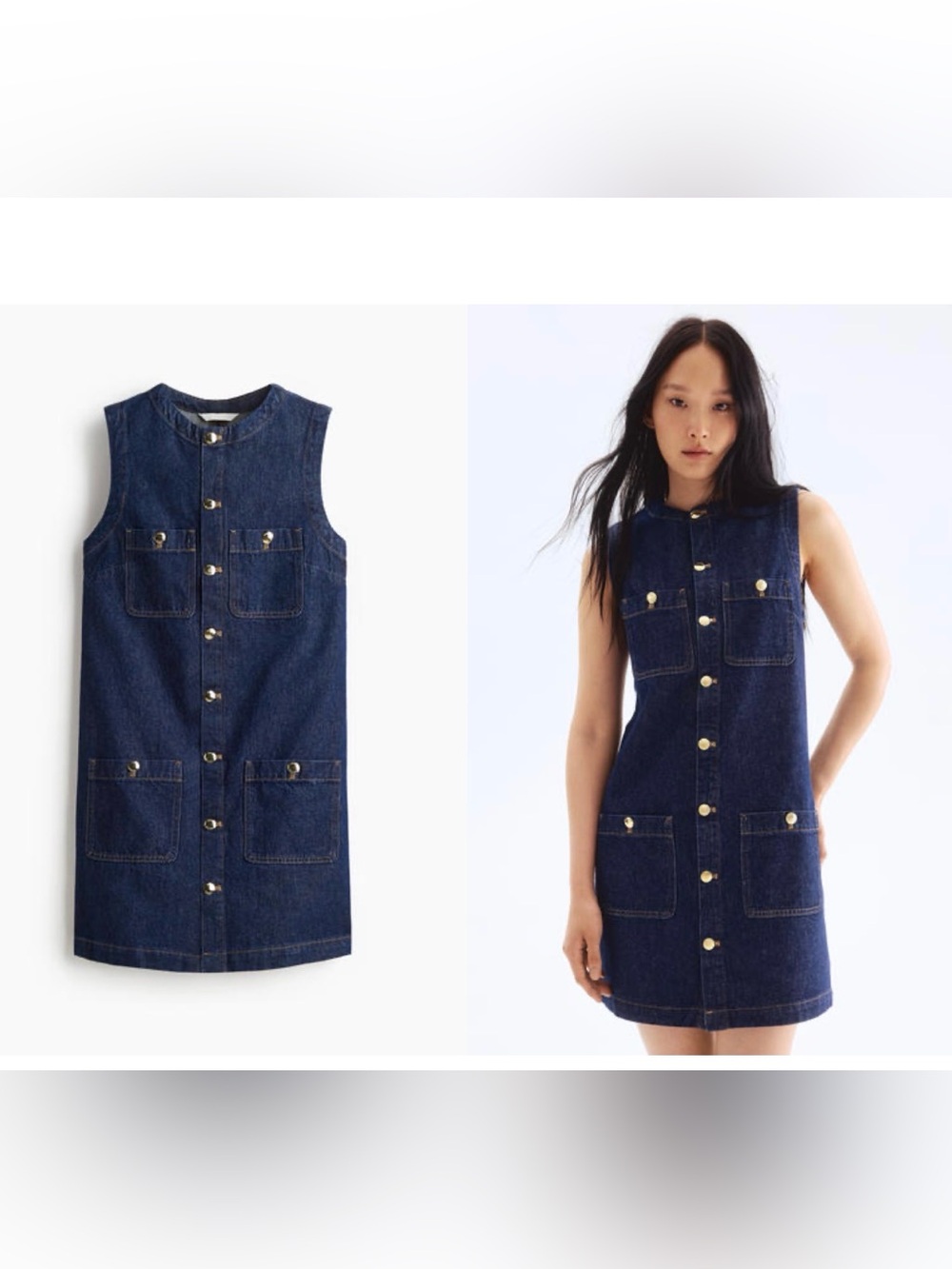H&M Dark Blue Denim Sleeveless Dress with Gold Buttons